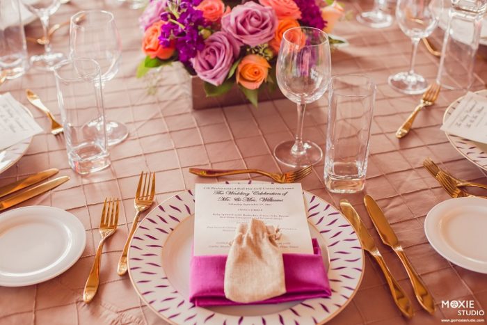 Berry Dupioni Napkin, Camel Pintuck Table Linen, Light Brown Table Cloth, Coral Shantung Chair Sash, Bright Pink Shiny Table Cloth