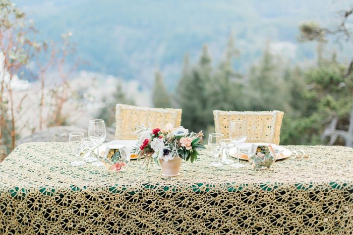 Gold Metallic Lace Overlay, Forest Green Lamour Table Cloth