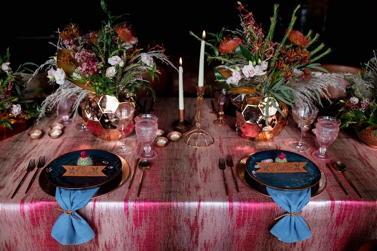 Red Abstract Linen, Denim Napkin, Southwestern Tablescape, Game Creek Club