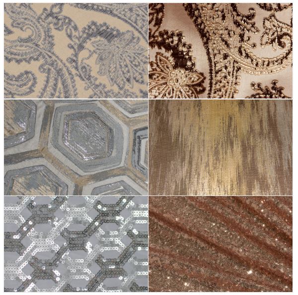 Trending Linens, Metallic Linen Trend, Gold Sequin, Gold Abstract, Silver Geometric Sequin, Chestnut Martinique, Silver Martinique